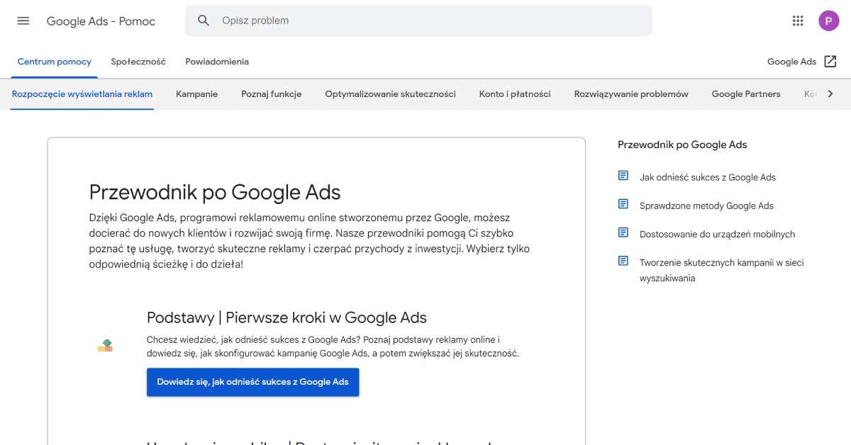 Strona pomocy Google Ads